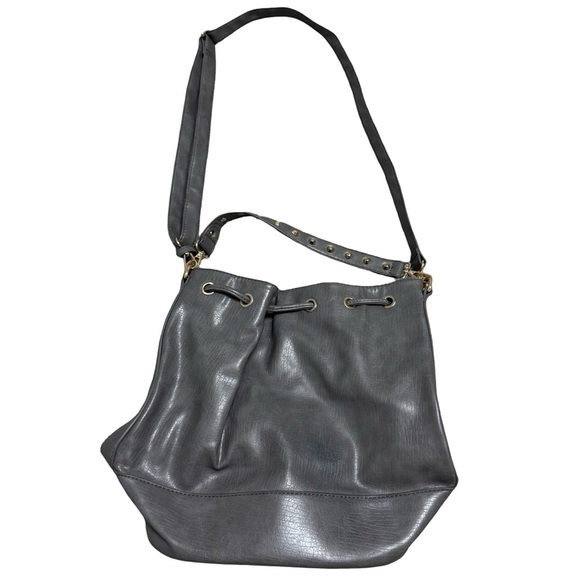 Gray Faux Leather Studded Bucket Bag – Drawstring Shoulder Purse - Picture 5 of 11